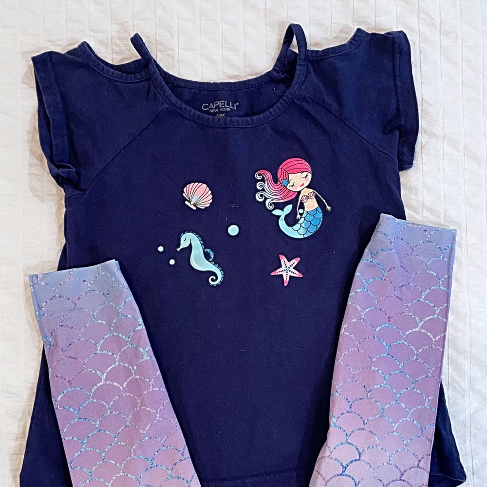 Girls cut out shoulder mermaid shirt and leggings